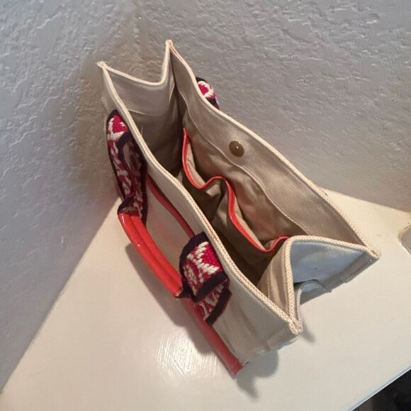 Tory Burch Canvas Tote Bag Neutral Blue Red Boho Strap Coastal Beach Vacation - Picture 11 of 12